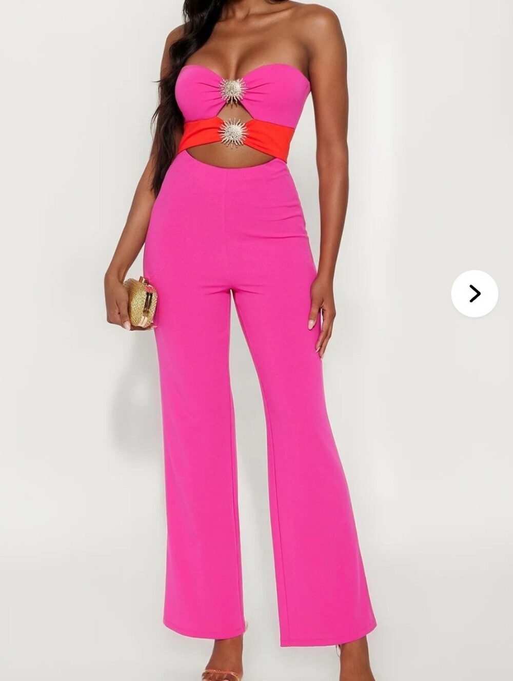 Fashion Nova Hot Pink Strapless Wide Leg Jumpsuit with Orange Waistband